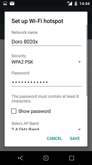 Enter a Wi-Fi hotspot password of at least 8 characters and select SAVE