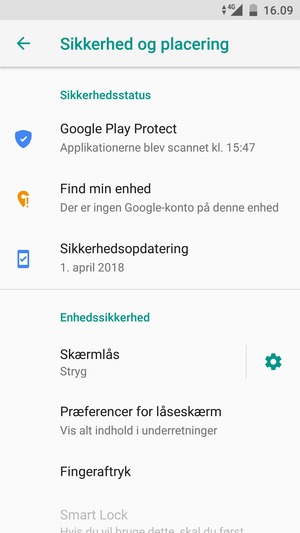 For at aktivere din skærmlås, gå til menuen Sikkerhed og placering og vælg Skærmlås