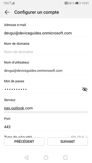 Saisissez l'adresse du serveur Exchange et sélectionnez SUIVANT