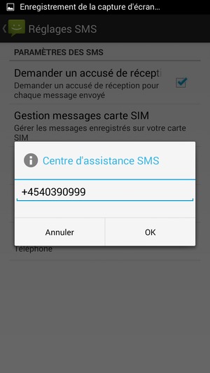 Saisissez le numéro du Centre d'assistance SMS et sélectionnez OK