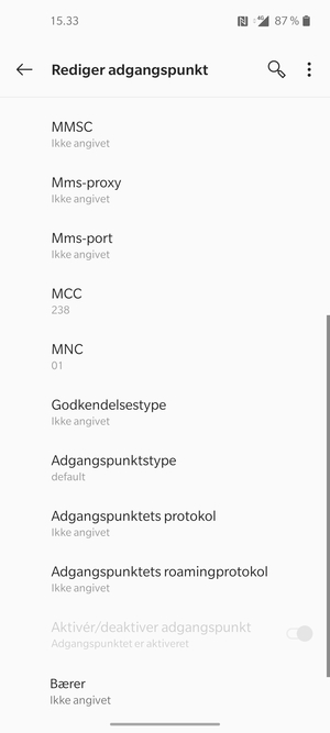Scroll ned og indtast internet-oplysninger