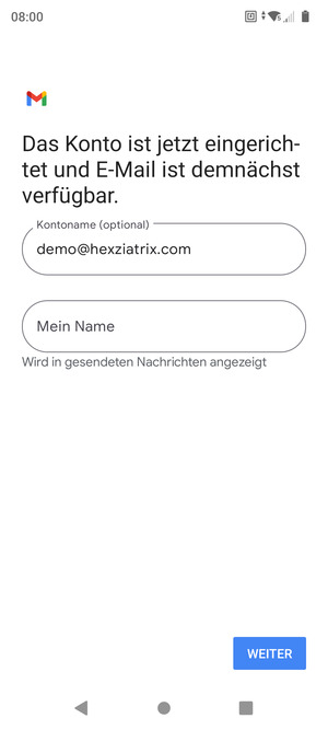 Geben Sie Ihrem Konto einen Namen und geben Sie Ihren Namen ein. Wählen Sie WEITER