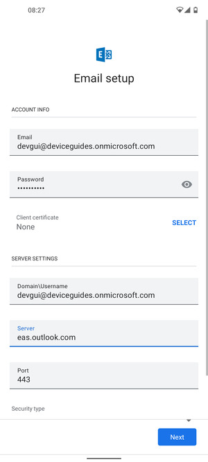 Enter Username and Exchange server address. Select Next