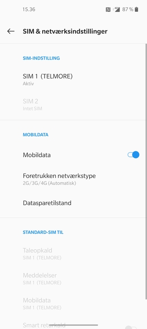 Vælg SIM 1 eller SIM 2