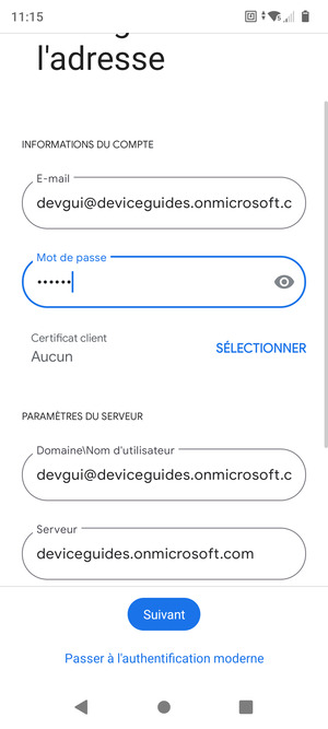 Saisissez votre Nom d'utilisateur et l'adresse du serveur Exchange. Sélectionnez Suivant