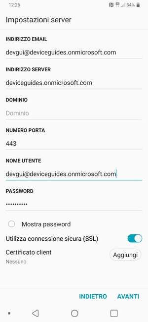 Inserisci l'indirizzo del server Exchange e Nome utente. Seleziona AVANTI