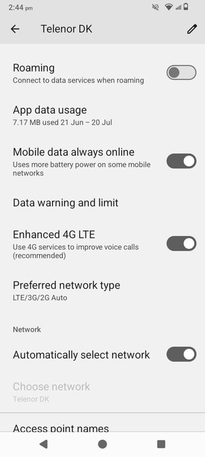 Scroll to and select Preferred network type