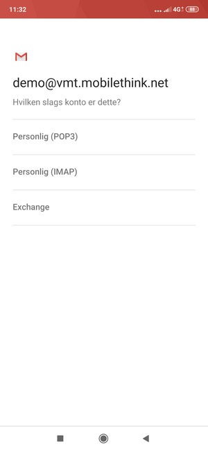 Vælg Personlig (POP3) eller Personlig (IMAP)