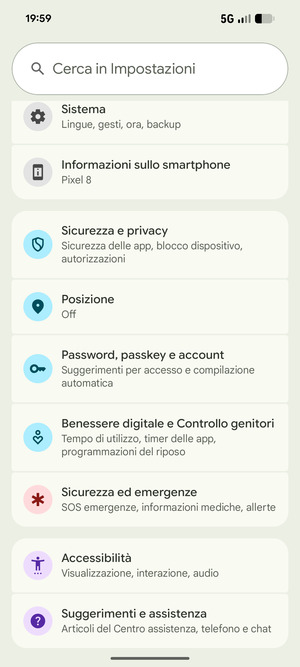 Torna al menu Impostazioni e seleziona Password, passkey e account