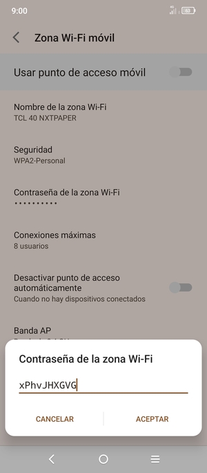 Introduzca una contraseña de punto de acceso Wi-Fi de al menos 8 caracteres y seleccione ACEPTAR