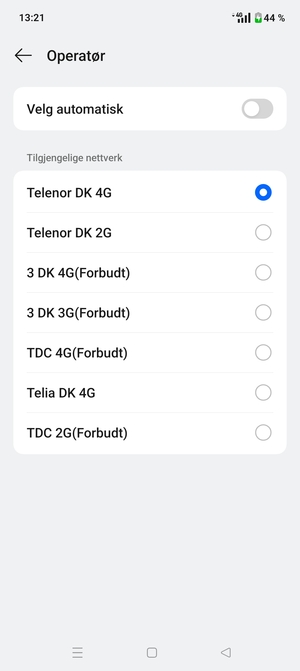 Velg en nettverksoperatør fra listen