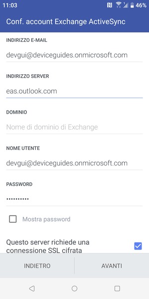 Inserisci Nome utente e l'indirizzo del server Exchange. Seleziona AVANTI