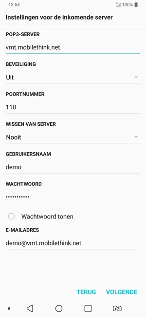 Voer inkomende serveradres en Gebruikersnaam in. Selecteer VOLGENDE