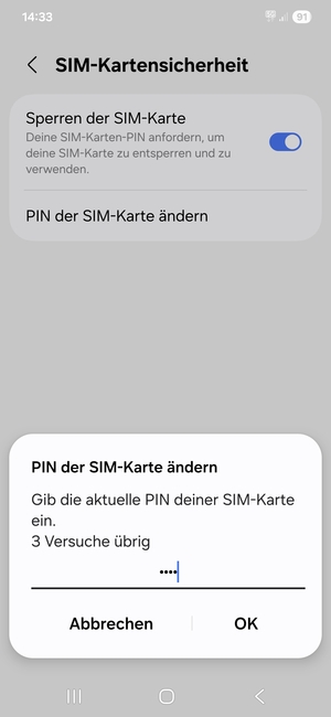 Geben Sie Ihre Aktuelle PIN Ihrer SIM-Karte ein und wählen Sie OK