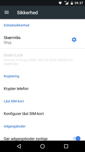 For at aktivere din skærmlås, gå til menuen Sikkerhed og vælg Skærmlås