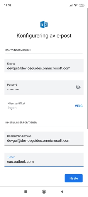 Skriv inn Brukernavn og Exchange serveradresse. Velg Neste