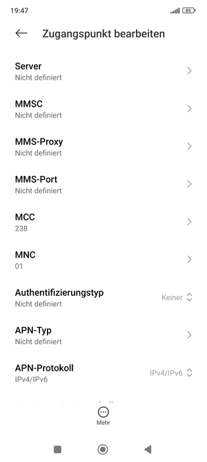 Scrollen Sie nach unten und geben Sie MMS-Informationen ein