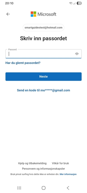 Skriv inn passord og velg Neste