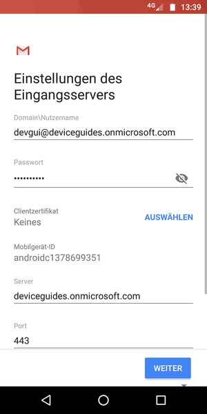 Geben Sie Nutzername und Exchange Server-Adresse ein. Wählen Sie WEITER