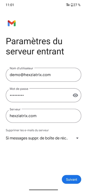 Saisissez votre Nom d'utilisateur et l'adresse du serveur entrant. Sélectionnez Suivant