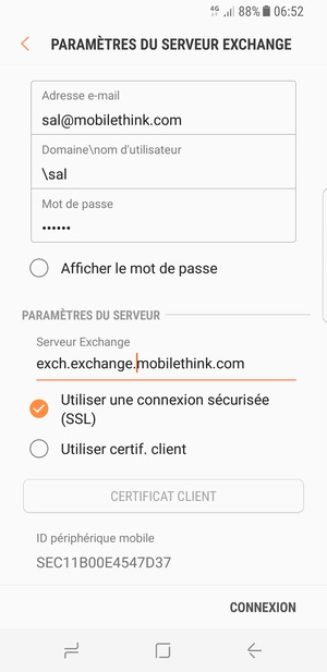 Saisissez votre Nom d'utilisateur et l'adresse du serveur Exchange. Sélectionnez CONNEXION