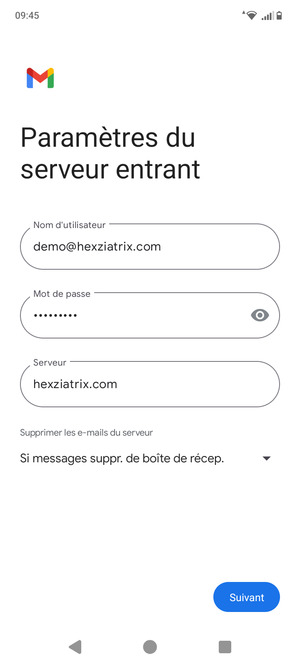 Saisissez votre Nom d'utilisateur et l'adresse du serveur entrant. Sélectionnez Suivant