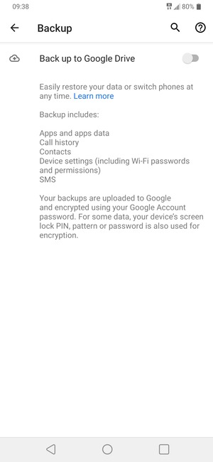 Turn on Back up to Google Drive