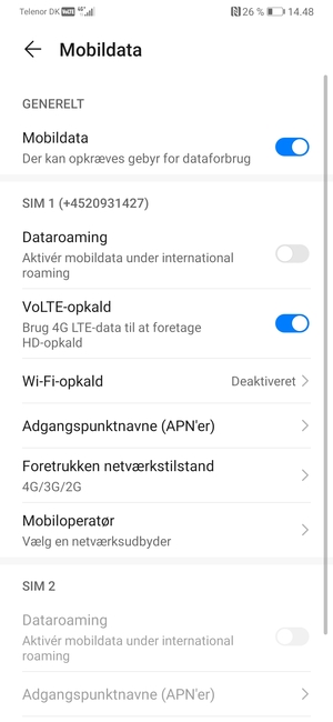 Scroll til SIM 1 eller SIM 2 og vælg Adgangspunktnavne (APN'er)