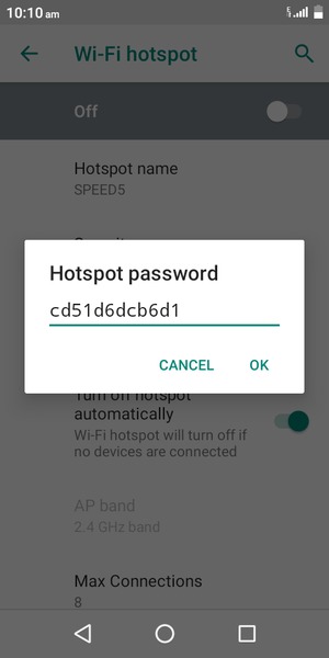 Enter a Wi-Fi hotspot password of at least 8 characters and select OK