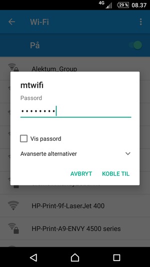 Skriv inn Wi-Fi-passord og velg KOBLE TIL