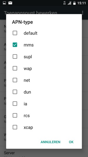 Vink het selectievakje mms aan en selecteer OK