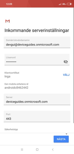 Ange Exchange serveradress och välj NÄSTA