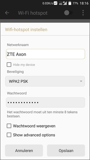 Voer een wachtwoord van een WiFi-hotspot in van ten minste 8 tekens en selecteer Opslaan