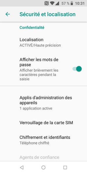Pour modifier le code PIN de la carte SIM, retournez dans le menu Sécurité et localisation et sélectionnez Verrouillage de la carte SIM