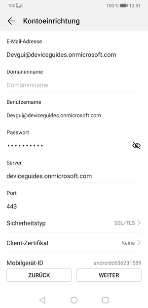 Geben Sie die Exchange-Server-Adresse ein und wählen Sie WEITER