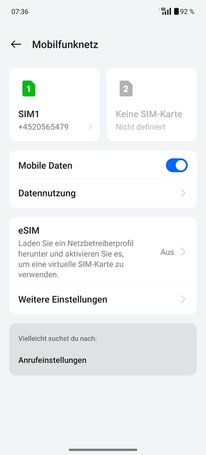 Wählen Sie SIM1 oder SIM2