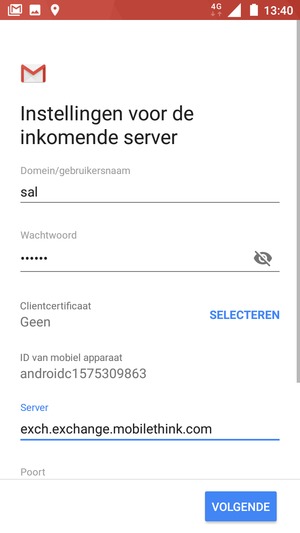 Voer Gebruikersnaam en Exchange serveradres in