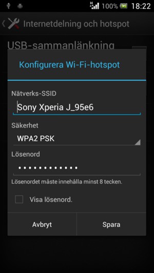Ange ett lösenord för Wi-Fi-hotspoten, bestående av minst 8 tecken och välj Spara