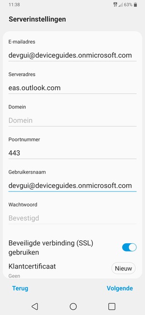 Voer Exchange serveradres en Gebruikersnaam in. Selecteer Volgende