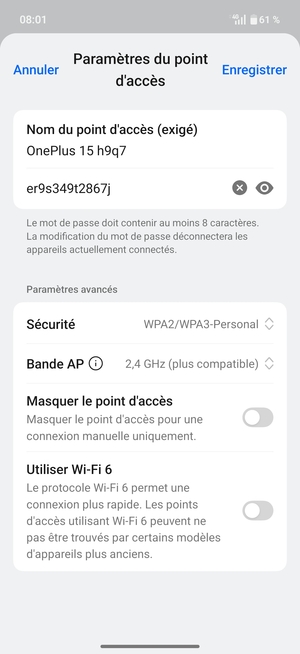 Saisissez un mot de passe de hotspot Wi-Fi d'au moins 8 caractères et sélectionnez Enregistrer
