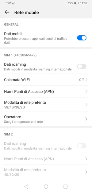 Scorri fino a SIM 1 o SIM 2 e seleziona Modalità di rete preferita