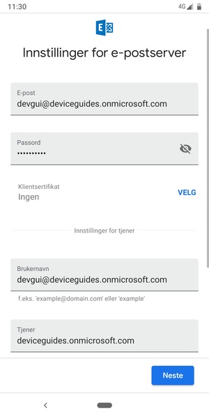 Skriv inn Brukernavn og Exchange serveradresse. Velg Neste