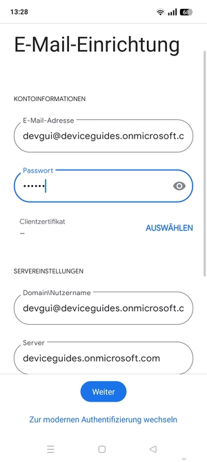 Geben Sie Benutzername und Exchange Server-Adresse ein. Wählen Sie Weiter