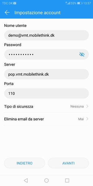 Inserisci Nome utente e l'indirizzo del server di posta in arrivo. Seleziona AVANTI
