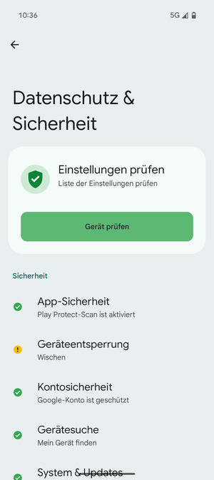 Um Ihre Bildschirmsperre zu aktivieren, gehen Sie zum Datenschutz & Sicherheit Menü und wählen Sie  Geräteentsperrung