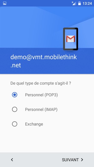Sélectionnez Personnel (POP3) ou Personnel (IMAP) et sélectionnez SUIVANT