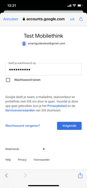 Voer uw wachtwoord in en selecteer Volgende