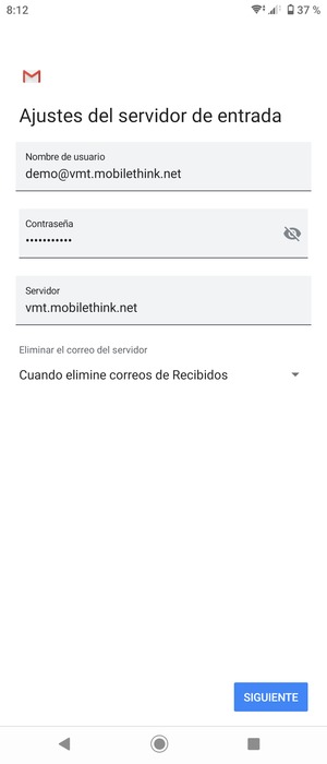 Introduzca Nombre de usuario y la dirección de servidor entrante. Seleccione SIGUIENTE