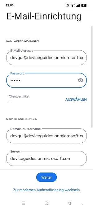 Geben Sie Benutzername und Exchange Server-Adresse ein. Wählen Sie Weiter