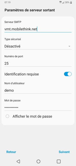 Saisissez l'adresse du serveur sortant